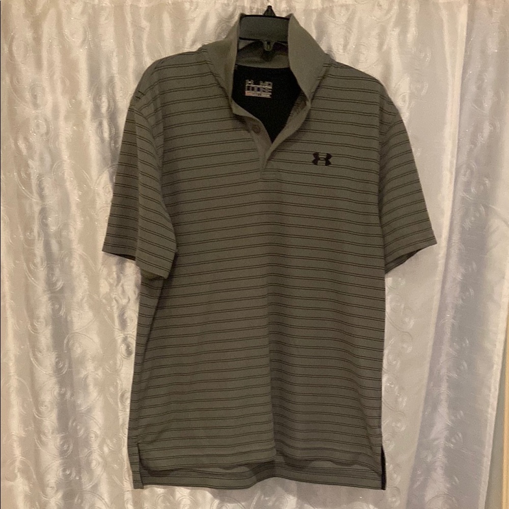 Under Armour Men's Gray Striped Polo Shirt Size Medium 🔥 YB3